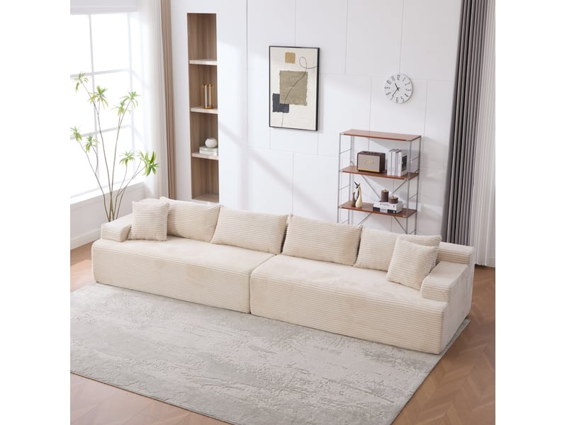 Canapé modulable 6 places en chenille ivoire avec chaise longue, 344 x 99 x 74,5 cm - Conforama C