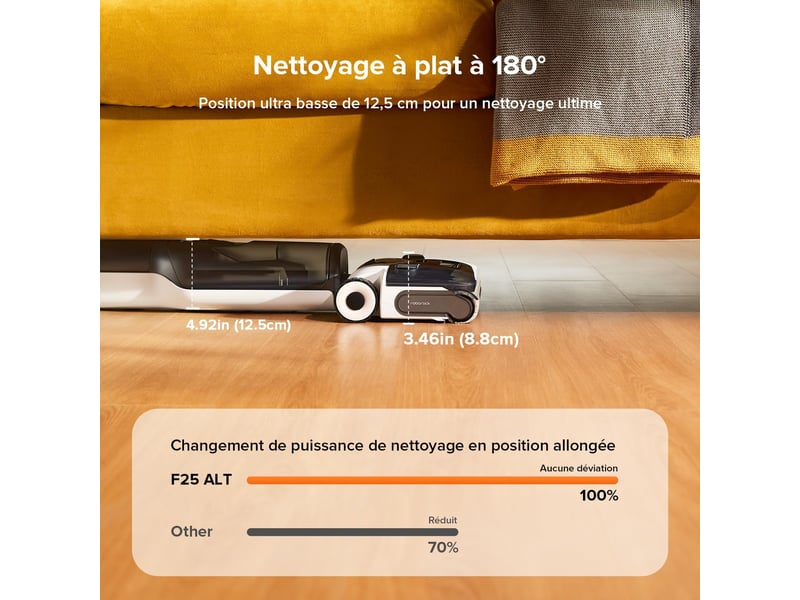  roborock F25 ALT Aspirateur Balai sans Fil 20000Pa,180° Lie-Flat,Distribution Automatique de Solution,Serpillière Autonettoyante à Haute Température F25 ALT,Roues Assistées,20kPa - Conforama D