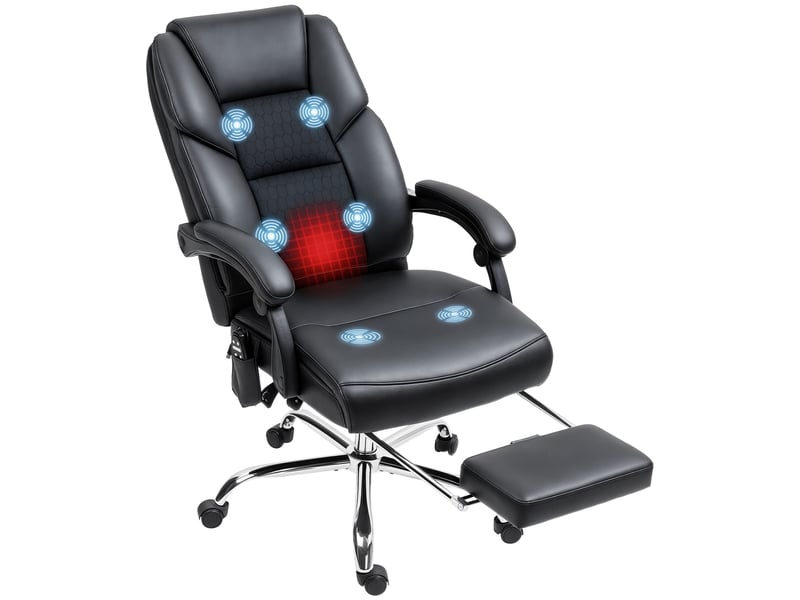  Fauteuil de bureau massant et chauffant avec dossier inclinable et repose-pieds, en cuir pu noir.  - Conforama A