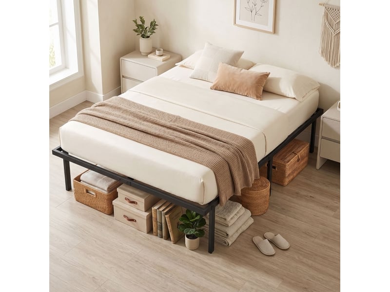  Cadre de lit 140x200 cm en métal noir avec 11 lattes et rangement dessous  - Conforama E
