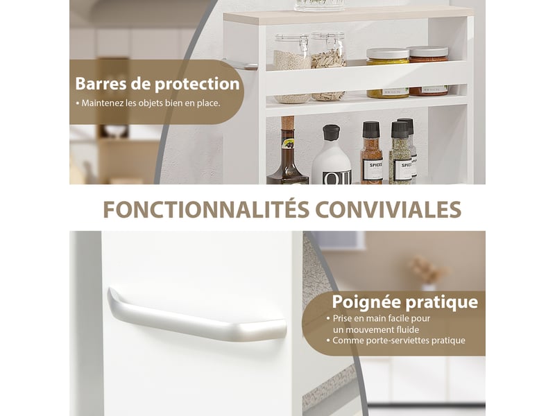  Chariot de rangement à 3 niveaux chariot de stockage étagère sur roulettes pour cuisine étroite salle de bain buanderie bureau avec poignée - blanc 48 x 15 x 80 cm  - Conforama W