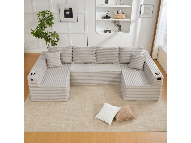 Canapé modulable en u en velours côtelé, 4 coussins de dossier et porte-gobelets, assise profonde pour le salon - Conforama W