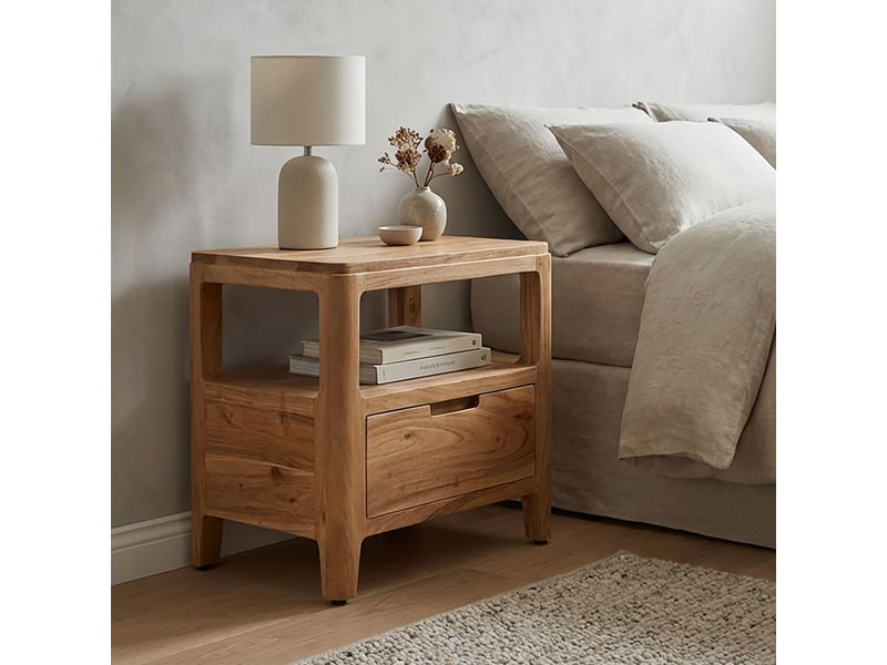Finebuy table de chevet en bois massif d'acacia 45x35x46cm - console de nuit avec tiroir & étagères ouvertes - table de chevet en bois - table de nuit chambre - commode de nuit design moderne  - Conforama B