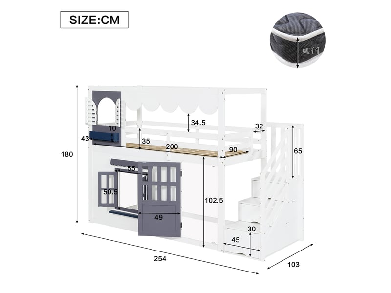 Lit enfant mi-hauteur 90x200 cm maison blanc et bleu, escalier de rangement, porte, fenêtres ouvrantes, sans matelas - Conforama C
