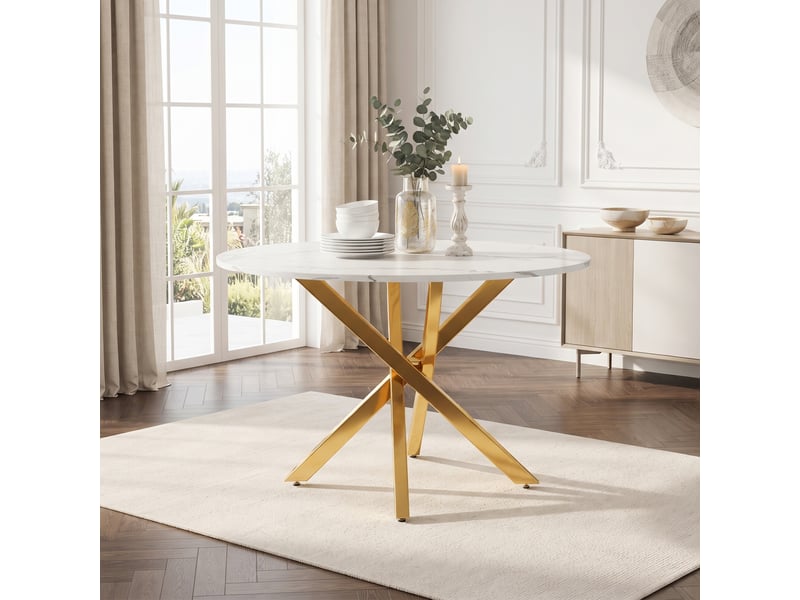  Table ronde ø 80 × 75 cm, plateau effet marbre et pieds croisés dorés IKSETERA TRADING LTD - Conforama E