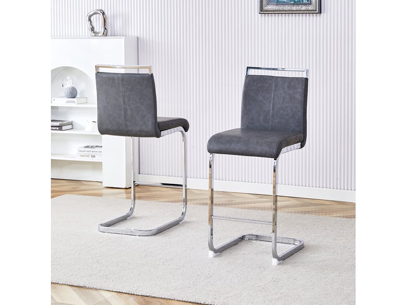Tabouret de bar lot de 2 avec repose-pieds et assise en pu gris foncé, pieds métalliques argentés - Conforama C