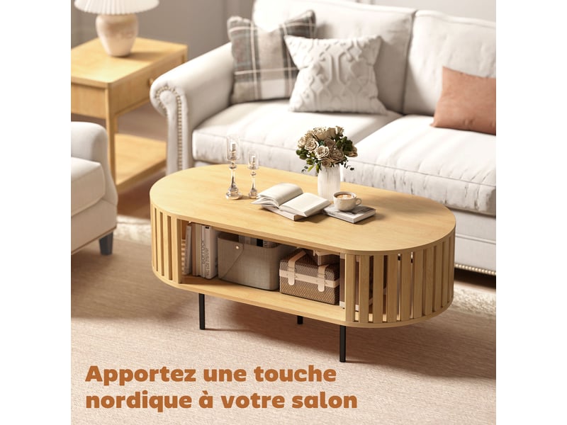  Table basse ovale, table de salon avec rangement, coins arrondis, 100 x 50 x 40 cm, design lattes, effet bois naturel  - Conforama E