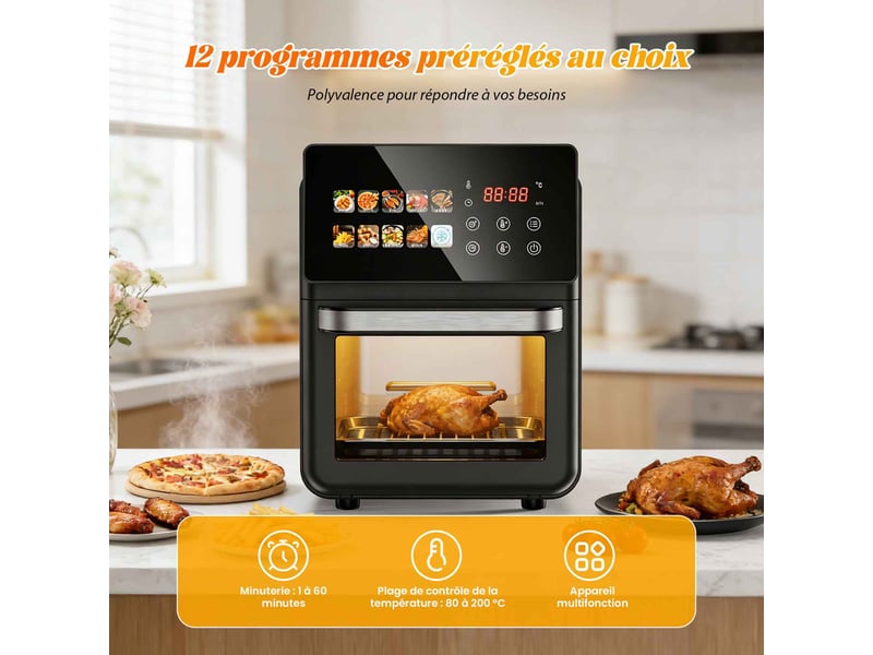  Four air fryer électrique 10l noir mat, écran tactile intelligent 12 programmes, fenêtre transparente, 80-200°c, 1-60 min, 5-6 personnes  - Conforama B