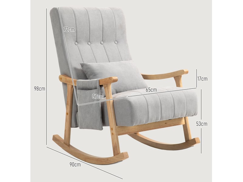 Fauteuil à bascule rembourré avec coussin lombaire et poches latérales, cadre en bois, effet lin, pour salon et chambre à coucher, gris - Conforama E