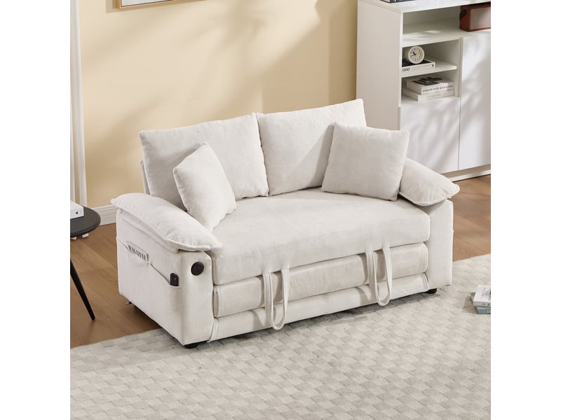 Lit canapé convertible 3 en 1 - 148x199 cm blanc - futon loveseat pliable avec poches latérales pour salon moderne et chambre - Conforama C