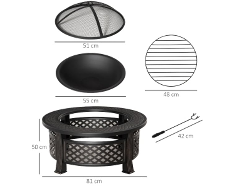  Brasero de jardin en acier 81 x 81 x 50 cm – noir – 2 en 1 chauffage et barbecue avec tisonnier  - Conforama C