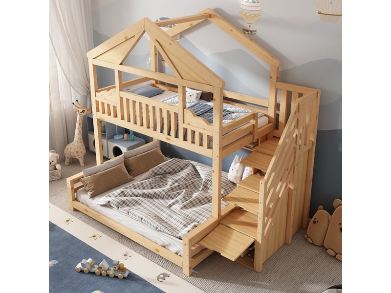  Lit superposé cabane 90x200140x200cm avec toit diamant, escalier de rangement, étagères et sommiers, certifié en 747, sans matelas, bois naturel evarich - Conforama B