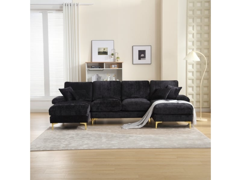  Canapé d'angle, canapé 4 places sectionnel en forme de u en chenille avec deux sièges inclinables, noir  - Conforama B
