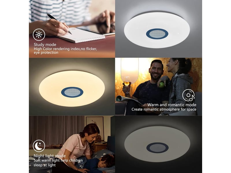  Plafonnier led avec haut-parleur bluetooth, bruit blanc et sons apaisants, avec télécommande et contrôle par application, 24 w ø 30 cm  - Conforama D