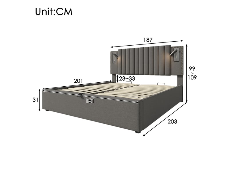  Lit coffre rembourré 180x200 cm, tête de lit réglable cloutée, liseuse, 2 usb-c, rangement hydraulique, tissu coton-lin - gris  - Conforama E