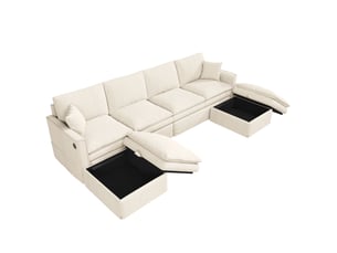 Canapé modulaire d'angle 6 places en u ou l avec 2 poufs de rangement et ports de recharge, coton et lin beige