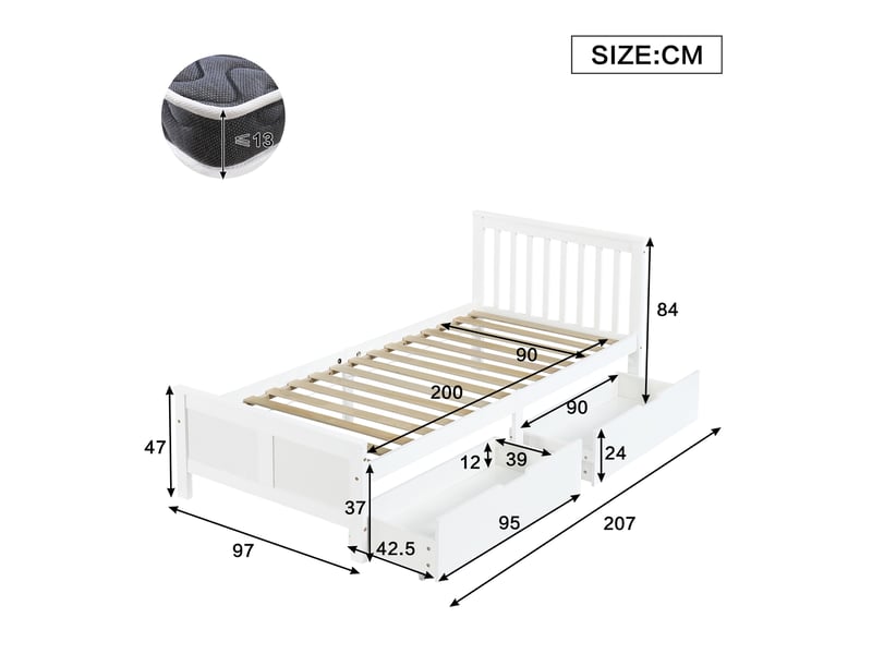  Lit simple 90x200cm avec tiroirs de rangement, cadre en pin blanc, lit en bois pour adolescents et adultes avec tiroirs de rangement  - Conforama B