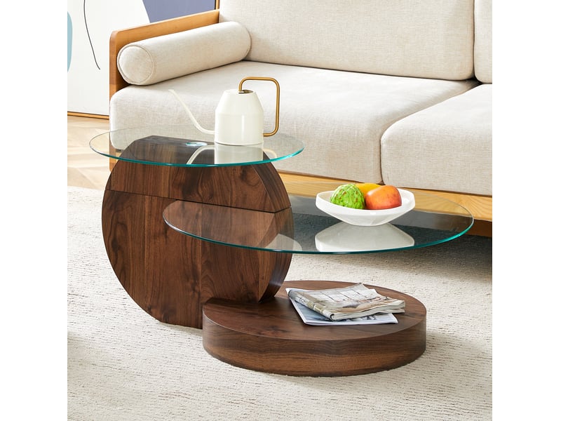  Table basse ronde avec plateaux en verre trempé et rangement à niveaux, moderne, en mdf finition noyer, pour salon  - Conforama C