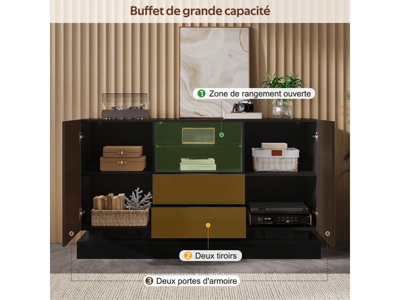  Buffet 2 portes 2 tiroirs avec niche ouverte led pour salon 140×40×80 cm en panneaux de particules noir  - Conforama D