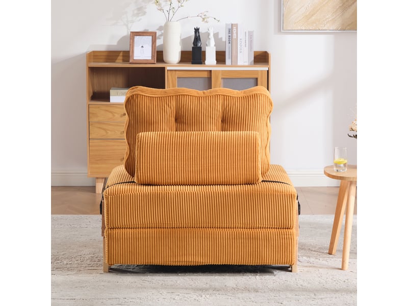  Fauteuil convertible 1 place - 90x86x84cm - chauffeuse pliable en lit d'appoint tissu velours côtelé et bois - orange  - Conforama C