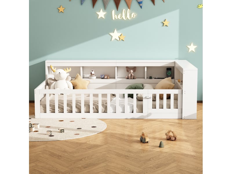 Lit banquette enfant 90x200 cm avec sommier, rangement, prises usb, blanc - Conforama D