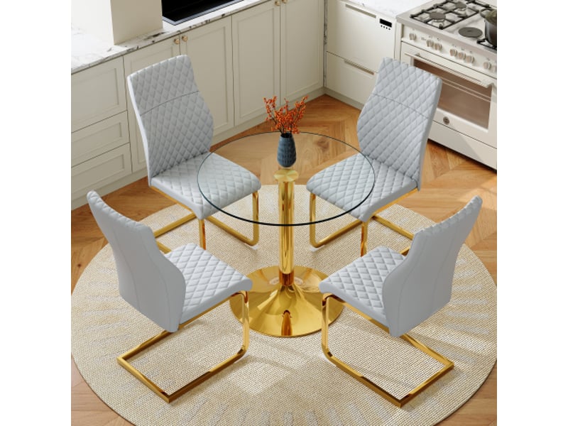  Table ronde en verre 85 cm à pieds dorés – ensemble 4 chaises gris clair et doré, moderne  - Conforama B