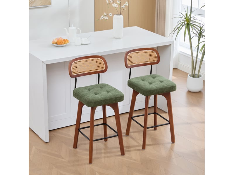  Lot de 2 tabourets de bar pivotants 360° 44x51x96 cm – vert – dossier en rotin, assise capitonnée en chenille  - Conforama B