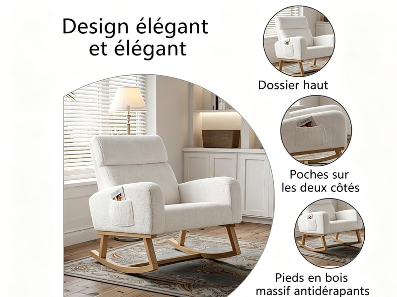  Fauteuil à bascule rembourré – fauteuil à bascule moderne – larges accoudoirs avec poches – assise spacieuse – peluche ours en peluche blanche  - Conforama E
