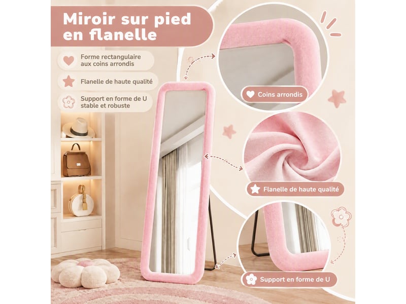 Miroir pleine longueur 160x50 cm, dressing rectangle arrondi, pour chambre et salon, cadre en velours style romantique, avec pied u, rose - Conforama D
