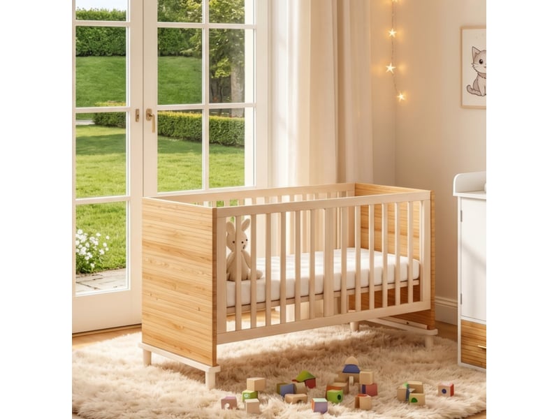  Lit bébé 70 × 140 cm à barreaux, sommier réglable sur 5 hauteurs, pieds renforcés, en bois et mdf, coloris naturel  - Conforama E