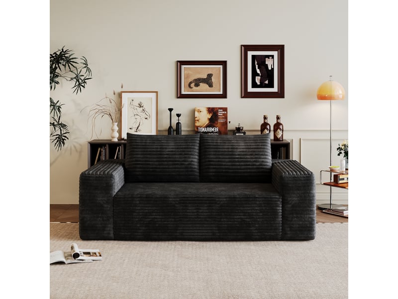 Canapé 2 places 180 cm velours côtelé noir, petit canapé assise profonde en mousse sans montage - Conforama W