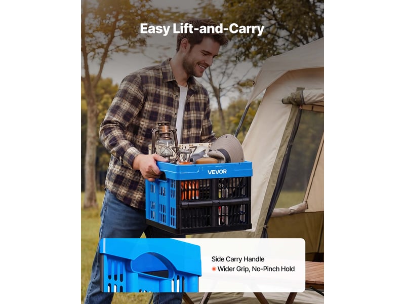  Vevor caisse plastique pliable 25 l lot de 3, cagette pliable avec poignees, charge max. 10 kg par caisse, bac de rangement empilable pour maison, camping, voiture et courses, en pp, bleu et noir  - Conforama E