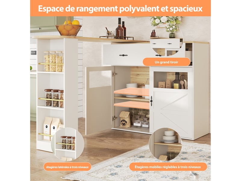  Table de bar 138-204x39x104 cm pivotante 360° avec rangement, blanc et bois  - Conforama D