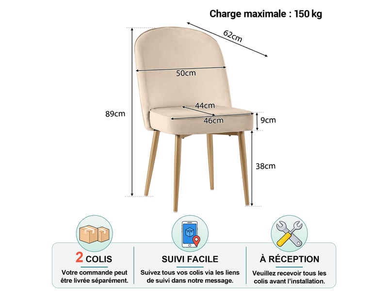 Lot de 4 chaises de salle à manger avec dossier incurvé et pieds antidérapants en velours beige et métal doré  - Conforama D