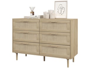 Commode 6 tiroirs meuble de rangement avec tissage en rotin dim. 110l x 40l x 75h cm aspect bois clair