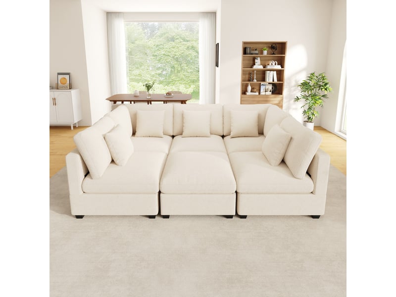  Canapé d'angle convertible,6 places, avec espace de rangement et poches latérales pour accoudoirs,370 x 147 x 81cm,beige  - Conforama D