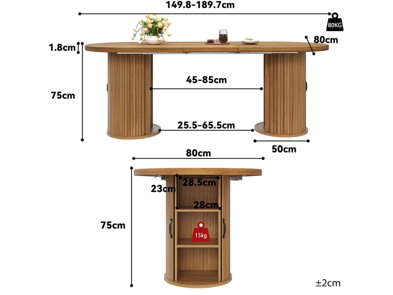  Table à manger extensible 150 à 190 cm avec rangement caché, poignées en métal, mdf marron foncé  - Conforama C