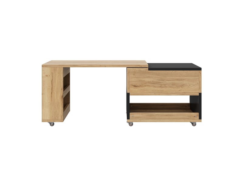 Table basse relevable avec niches ouvertes et rangement caché, élément pivotant à roulettes, naturel et noir - Conforama A