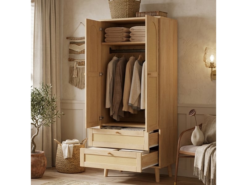  Armoire de chambre - armoire aspect bois naturel, meuble multifonctionnel avec design en rotin, tringle, étagères et 2 tiroirs  - Conforama D