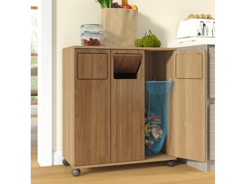  Meuble de tri des déchets 69,3x35x80 cm à roulettes en mdf avec 3 portes couleur naturel  - Conforama E