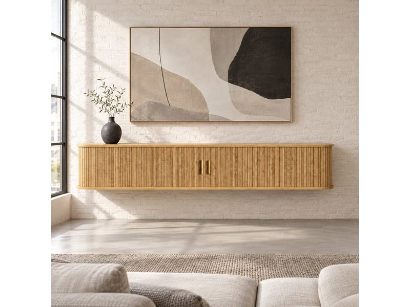  Meuble tv mural avec 2 portes coulissantes un tiroir et led réglable par mobile pour salon en mdf 175×30×30 cm naturel  - Conforama C