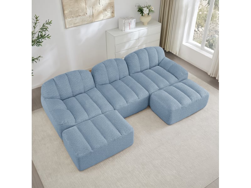  Canapé modulable 3 places en u avec 2 poufs, tissu bouclette bleu  - Conforama D