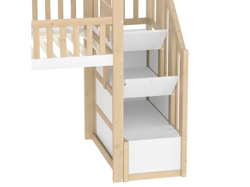  Lit mezzanine enfant 90 x 200 cm avec toboggan et rangements, forme cabane en pin massif, mdf et contreplaqué, naturel et blanc  - Conforama W