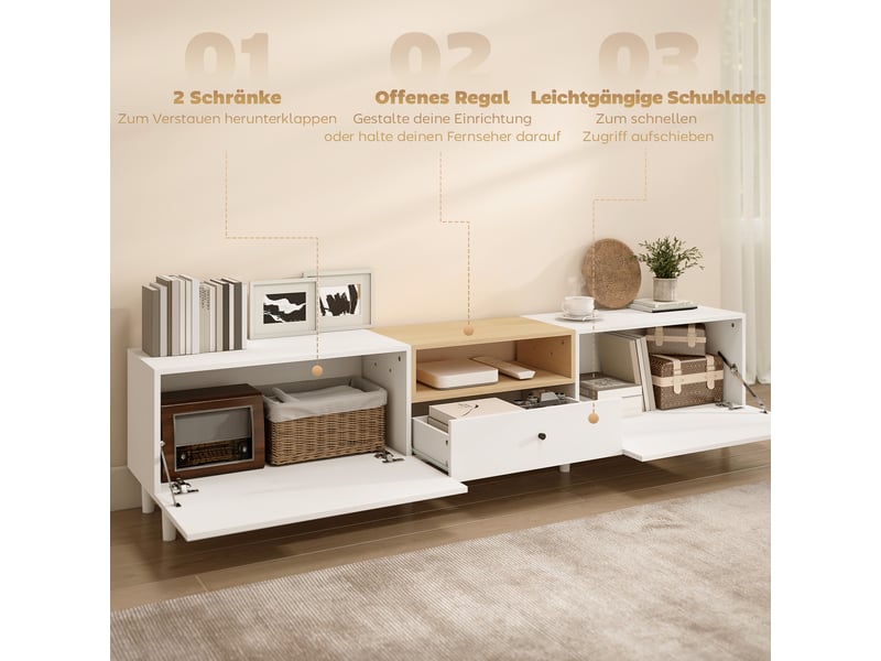  Meuble tv 2 portes abattantes 1 tiroir 1 niche panneau de particules blanc 200x35x45 cm  - Conforama D