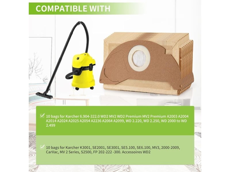  10 sacs filtre remplacement pour aspirateur karcher wd2 mv2 6.904-322.0 wd2250 a2004 a2054  - Conforama B