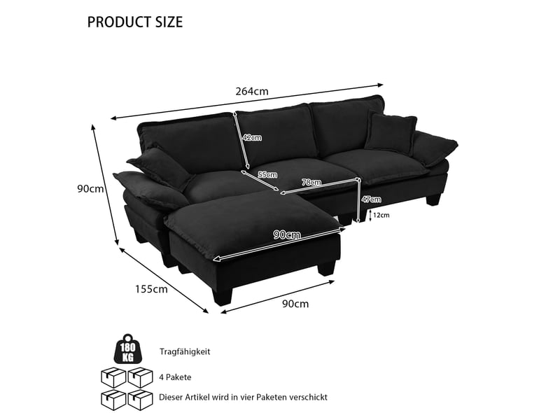  Canapé d'angle modulaire en l avec ottomane mobile et coussins, en chenille noir  - Conforama D
