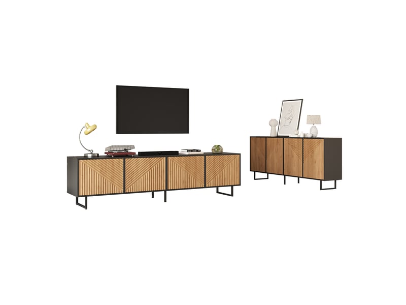  Ensemble rayofi meuble tv 180 x 40 x 50 cm et buffet 160 x 40 x 75 cm, bois naturel et noir, 4 portes, capacité 40 kg  - Conforama A