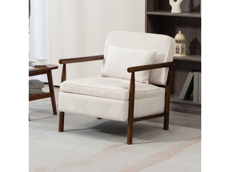  Fauteuil de salon moderne 80x61x72cm - coffre de rangement intégré, coussin lombaire amovible et structure en bois massif - velours côtelé - blanc  - Conforama B