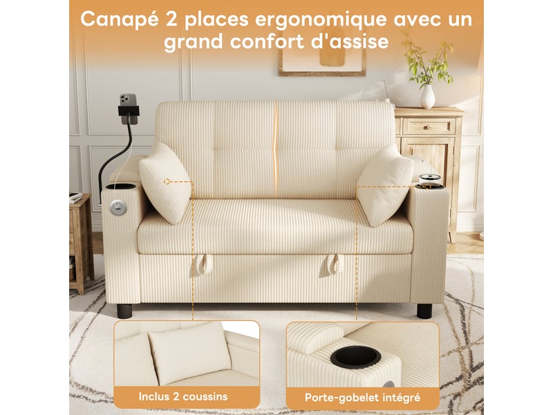 Canapé 2 places avec coffre 136,5x79,5x83,6 cm, rangements d’accoudoirs, 2 porte-gobelets, usbtype-c, support téléphone, velours côtelé beige - Conforama E
