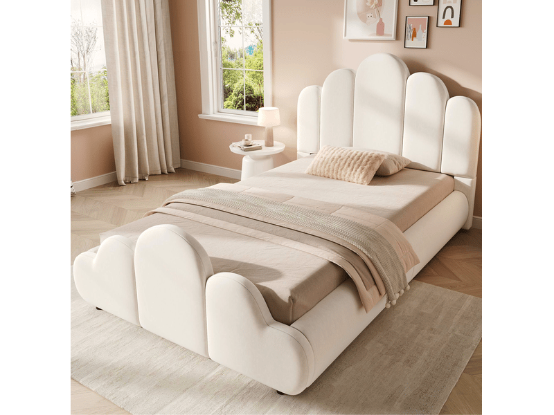  Lit enfant 90x200 cm en velours beige avec sommier à lattes et angles arrondis  - Conforama E